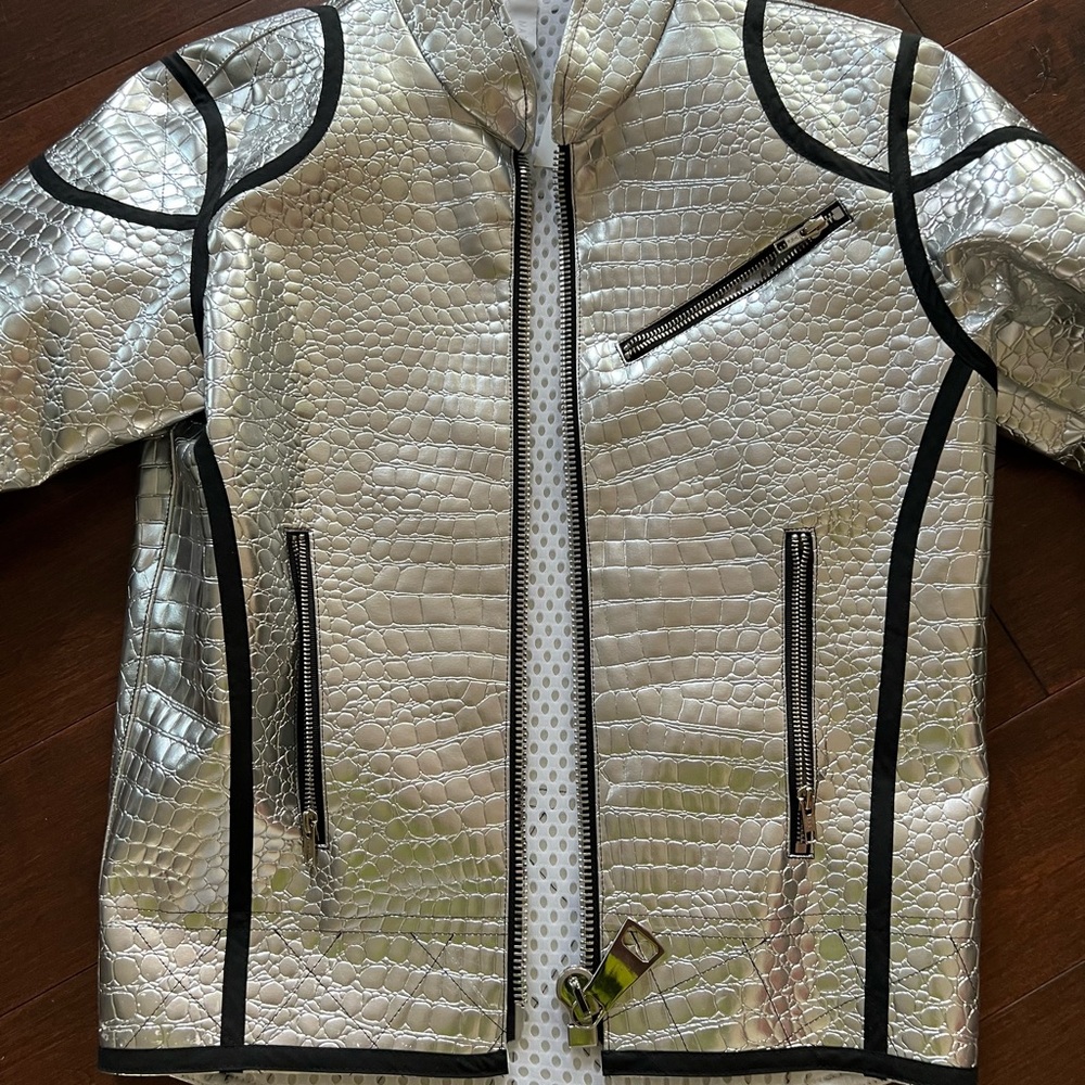 Men’s Marlon Gobel Neoprene silver Bomber Jacket.